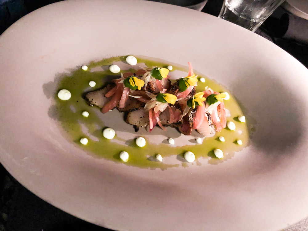 Fish sashimi on a grey plate with green and white dressing